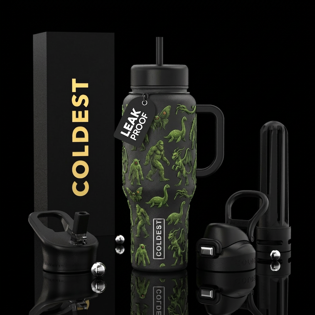 Cryptids in shades of moss water bottle design