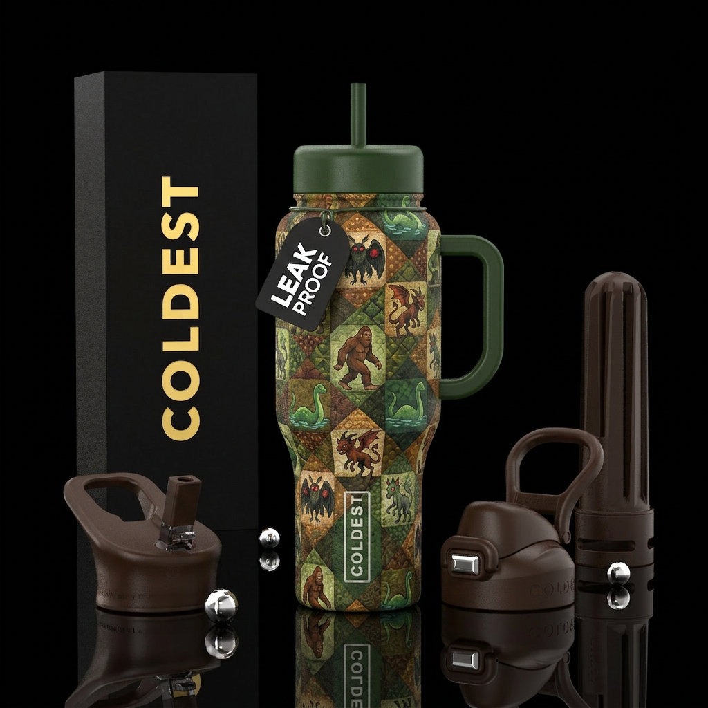 Cryptids in a quilt pattern with shades of brown a... water bottle design