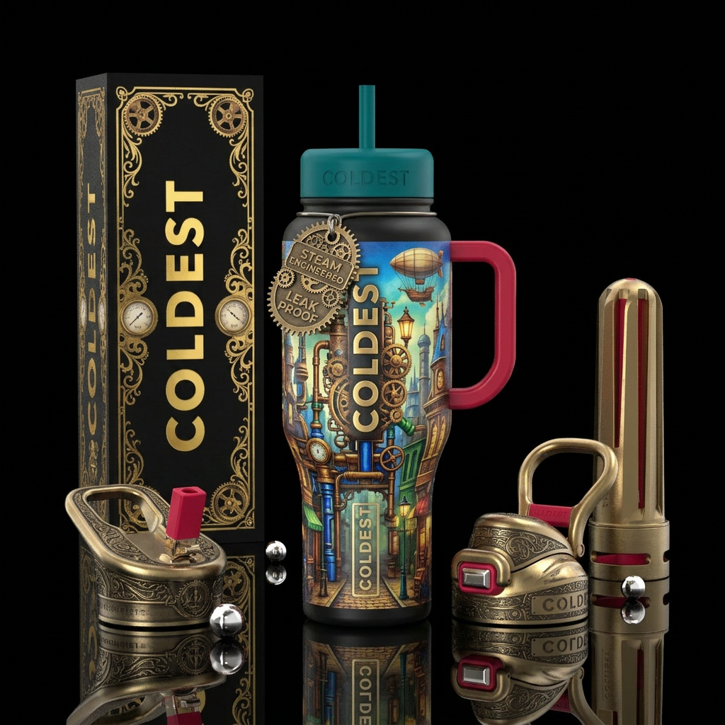 Steam punk city street water bottle design