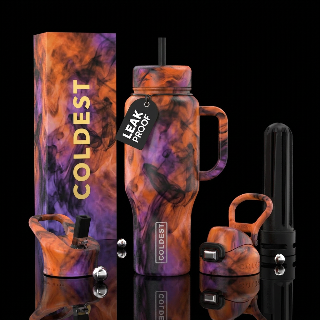 Orange purple and black smokey swirls water bottle design