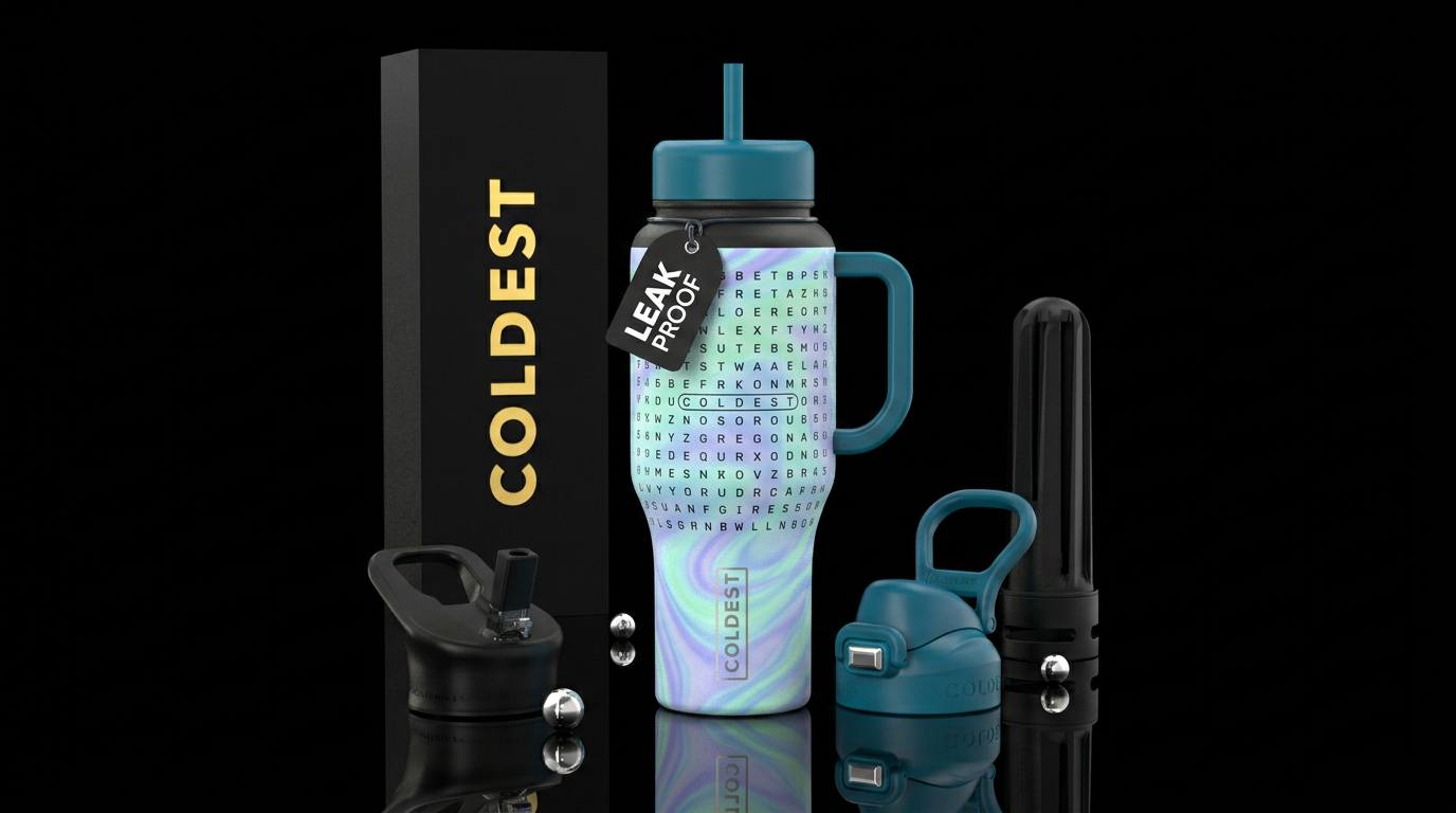 Word search with the word coldest circled with pal... water bottle design