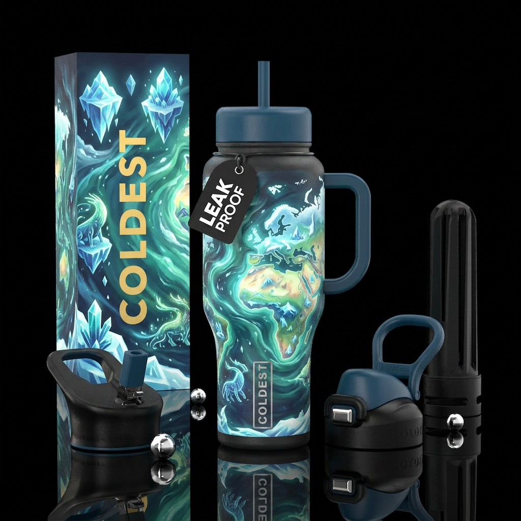 Coldest water bottle magical realism style world water bottle design