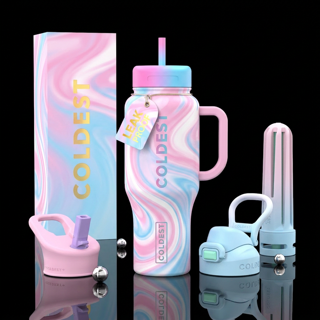 Pastel pink white blue swirl water bottle design