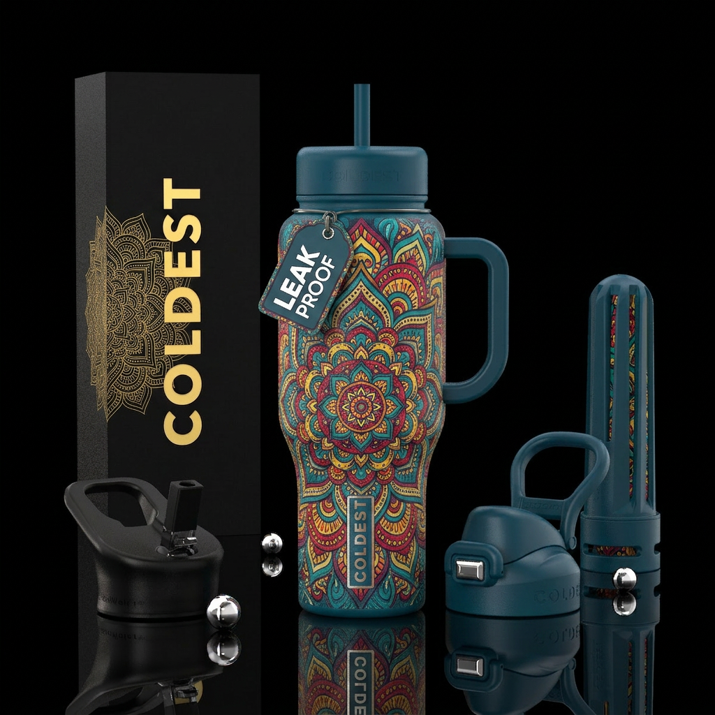 Mandala bright colors texture water bottle design
