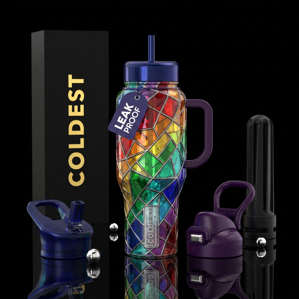 Rainbow stained glass water bottle design