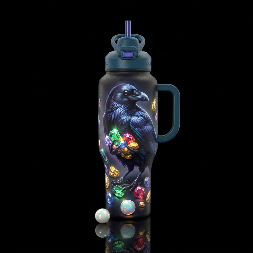 Crow with its glowie shiny treasures water bottle design