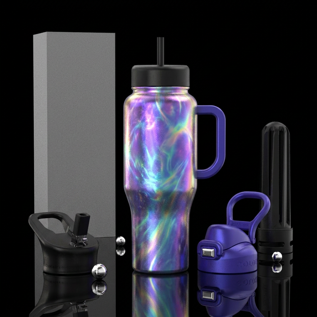 iridescent, energy field water bottle design