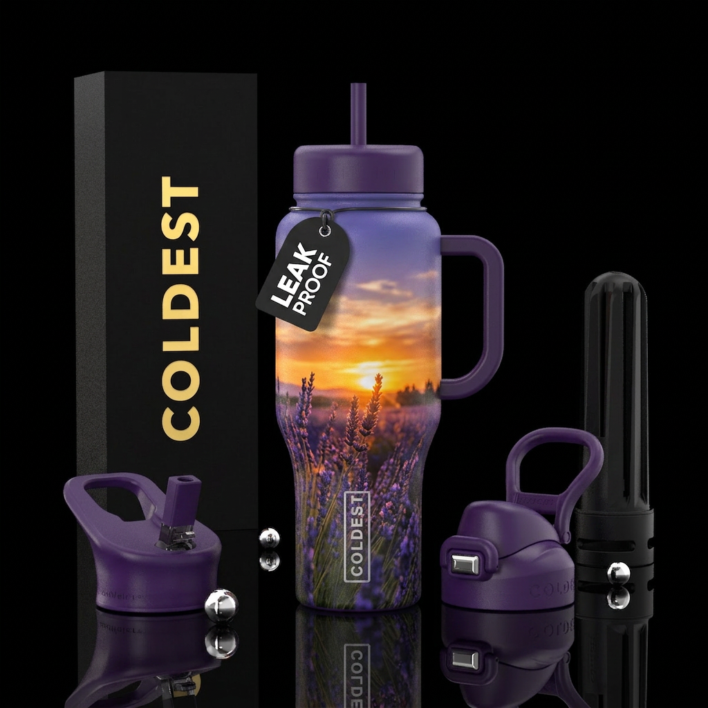 Summer sunset over lavender fields water bottle design