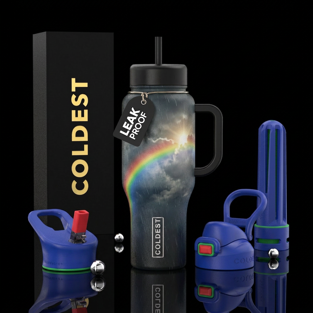 Darkened sky with light rain sun peaking through t... water bottle design