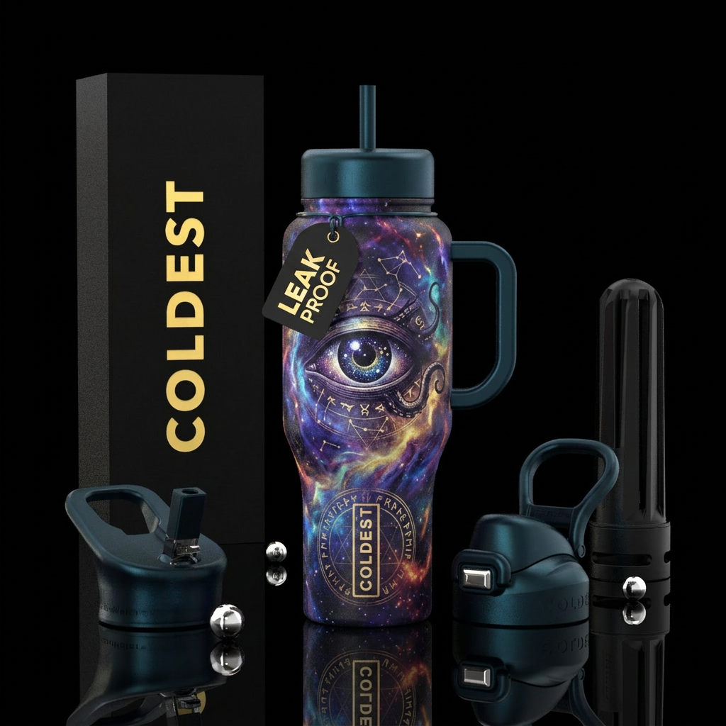 cosmic horror, dark mood,, magical, realism water bottle design