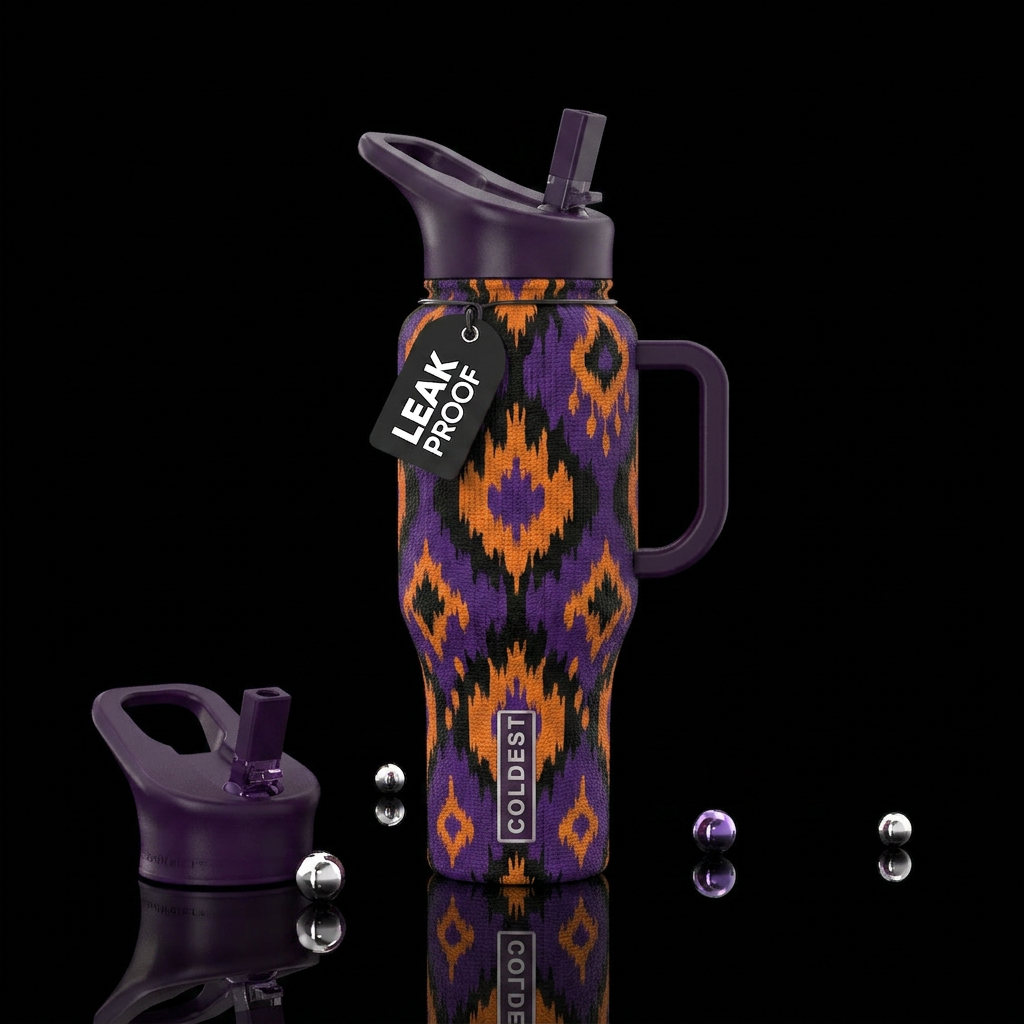 Ikat style Halloween purple orange black water bottle design