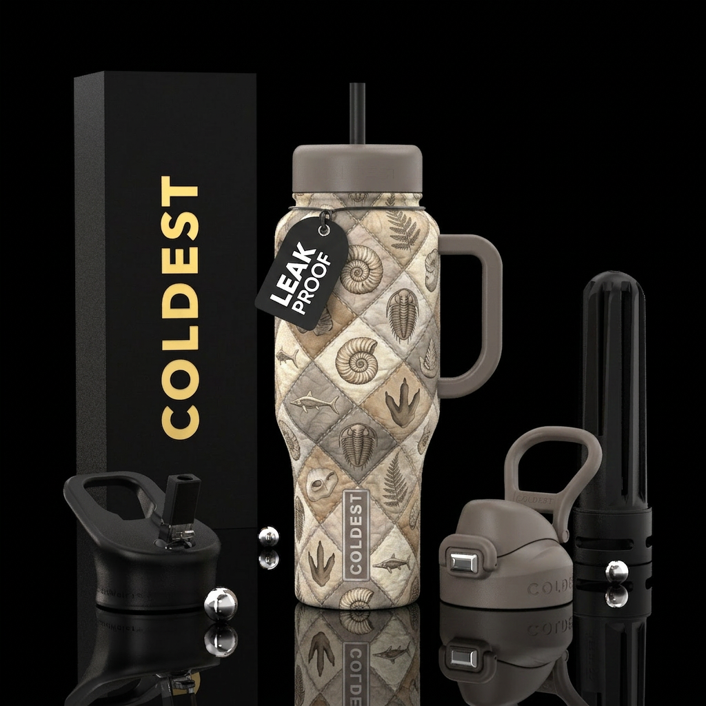 Fossils in neutral tones in a quilt pattern water bottle design