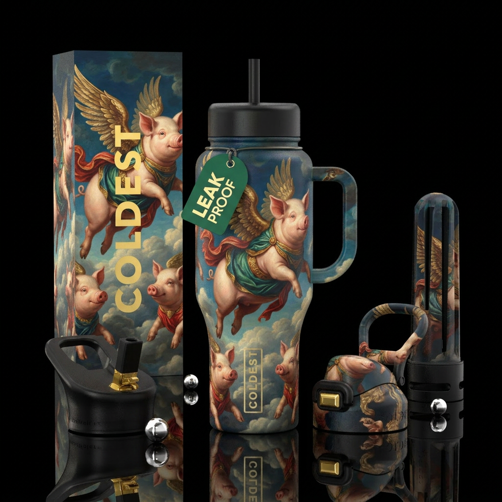 Rubenesque flying pigs water bottle design