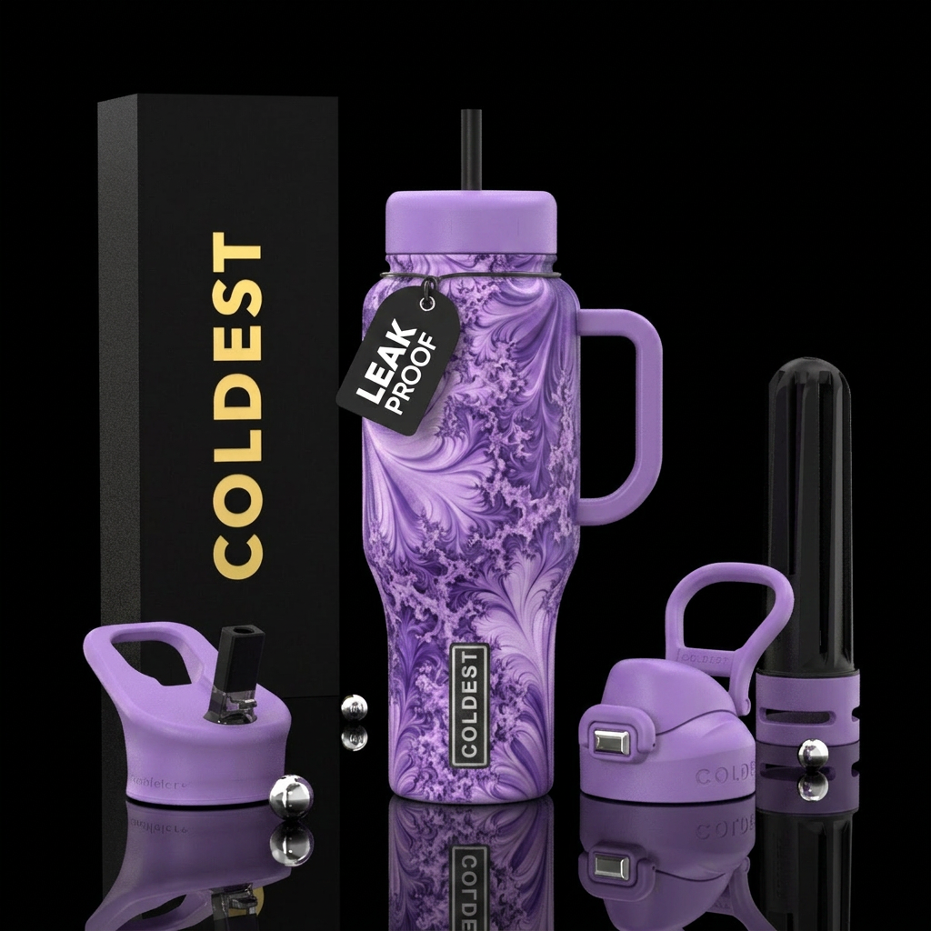A study of fractals in tones of lavender water bottle design