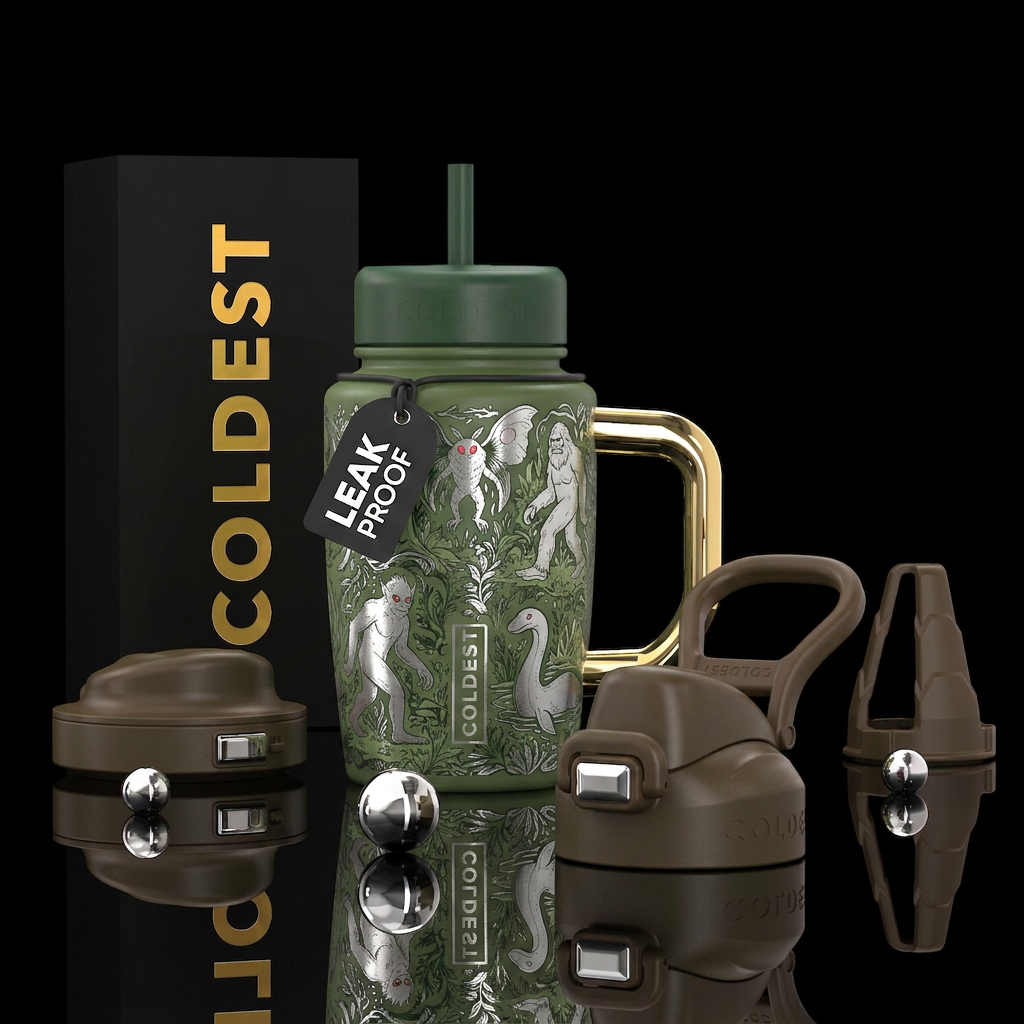 Cryptids in shades of moss with silver highlights water bottle design