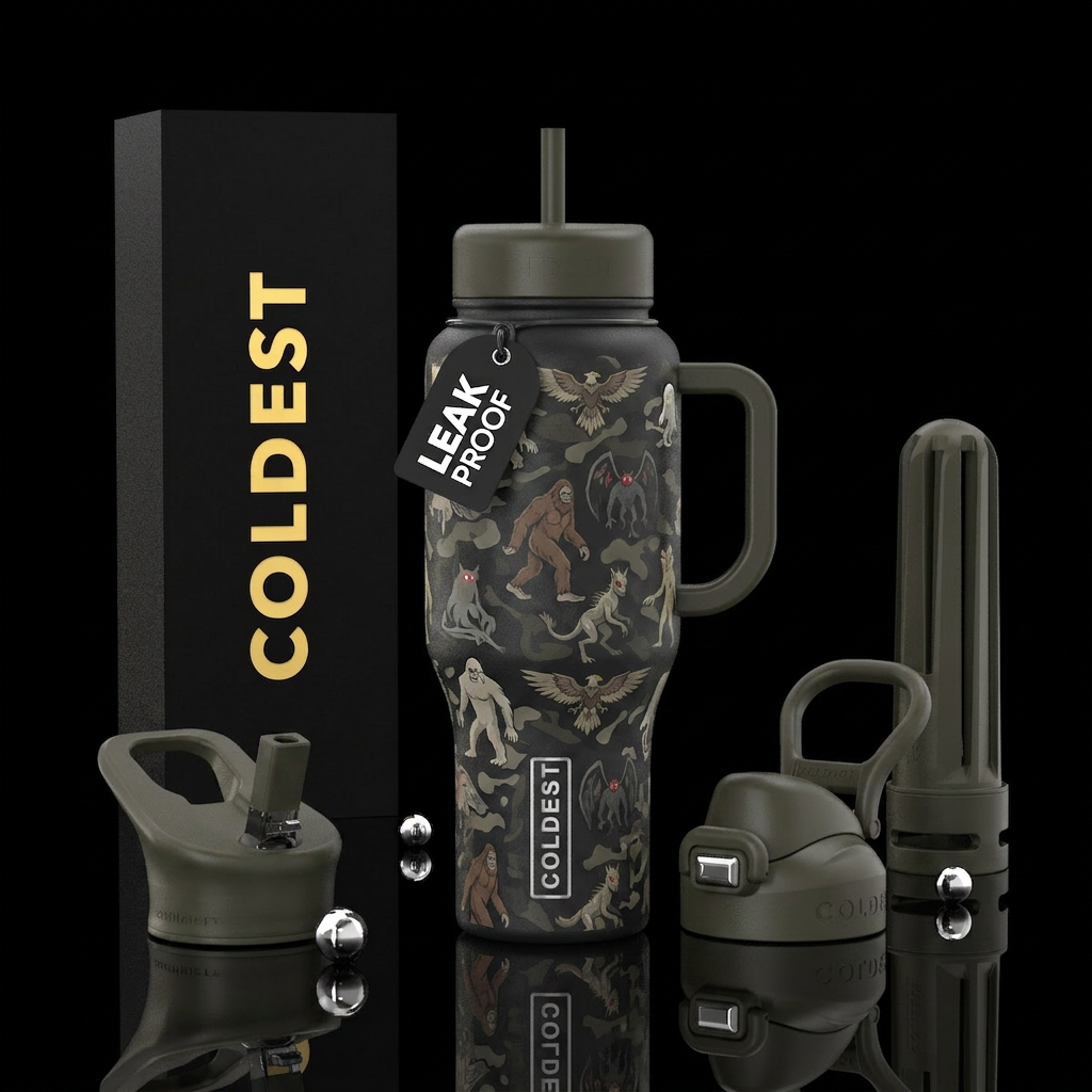 Camouflage style neutral tone cryptids water bottle design