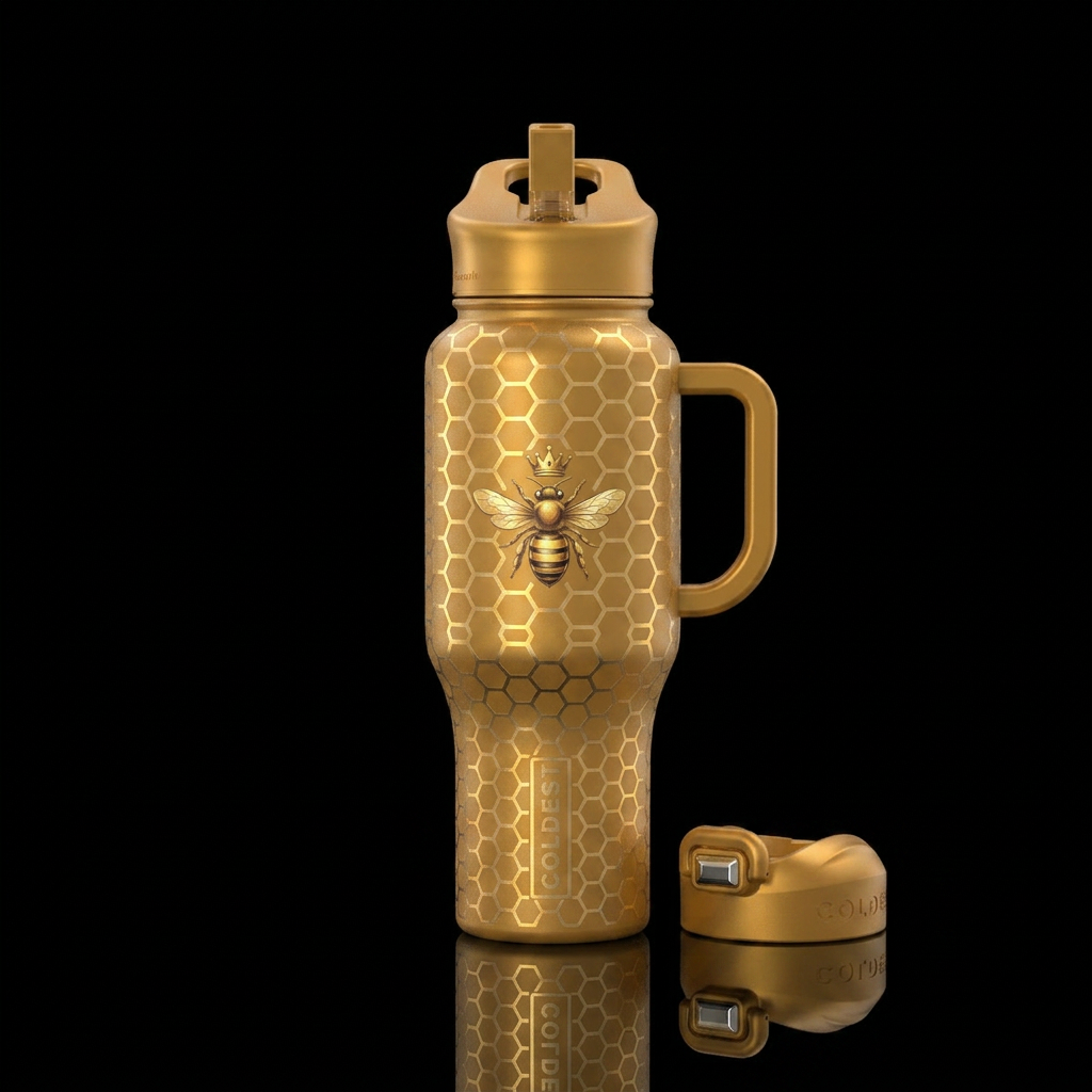 Honeycomb pattern with a queen bea in the center water bottle design