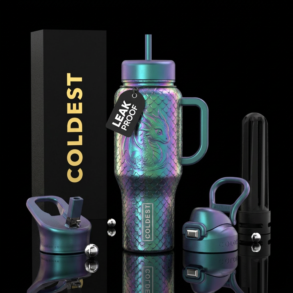Iridescent baby dragon water bottle design