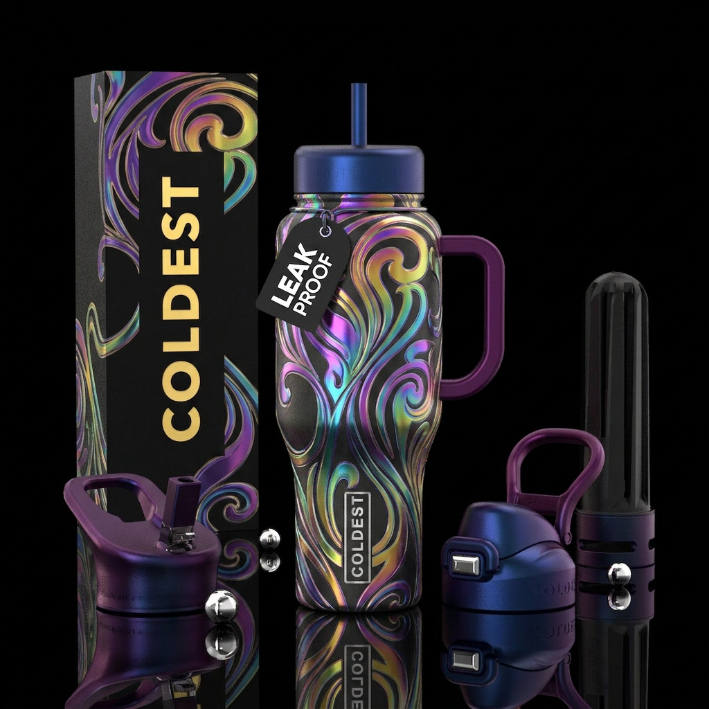 Art nouveau metallic rainbow water bottle design
