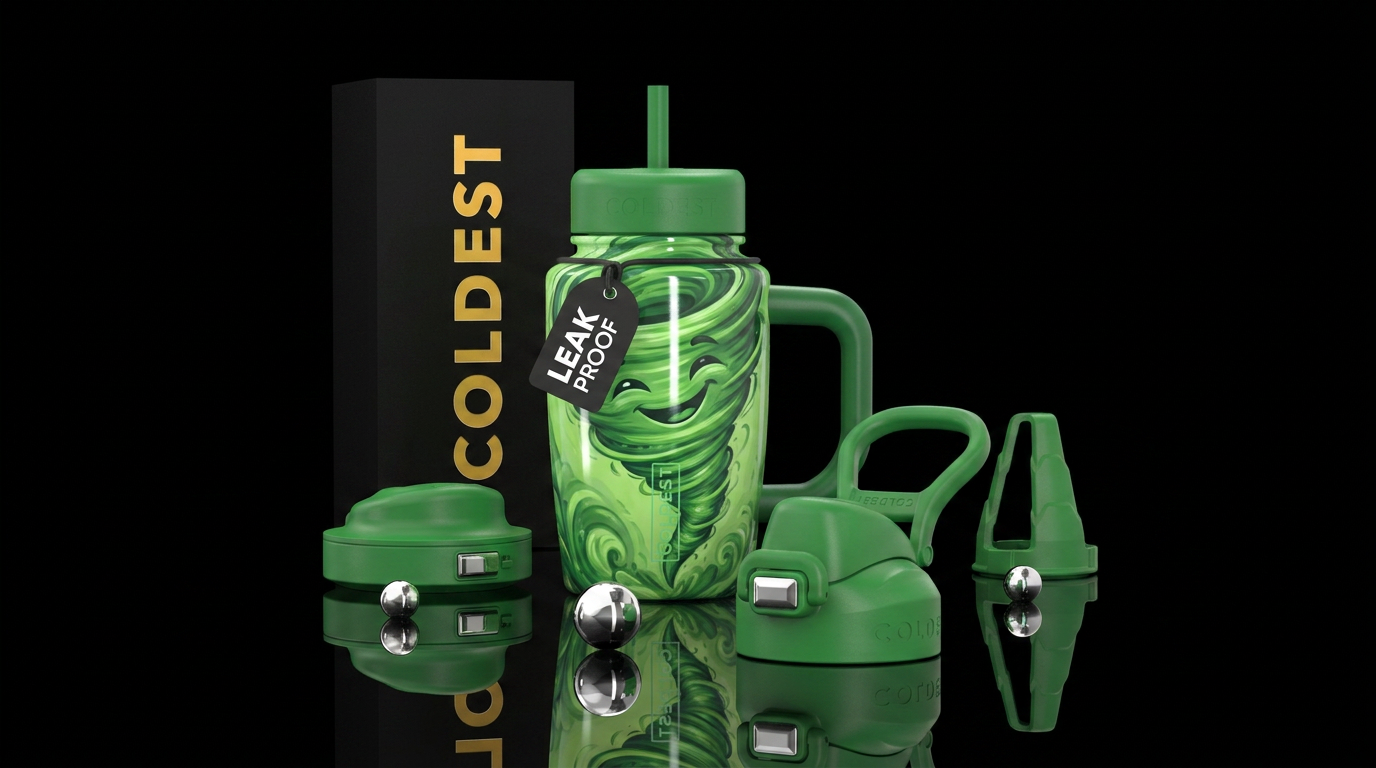 Happy tornado in shades of green water bottle design