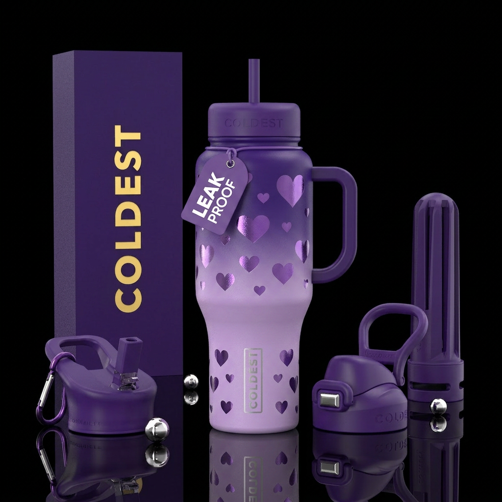 Hearts in a variety of sizes in purple hombre water bottle design