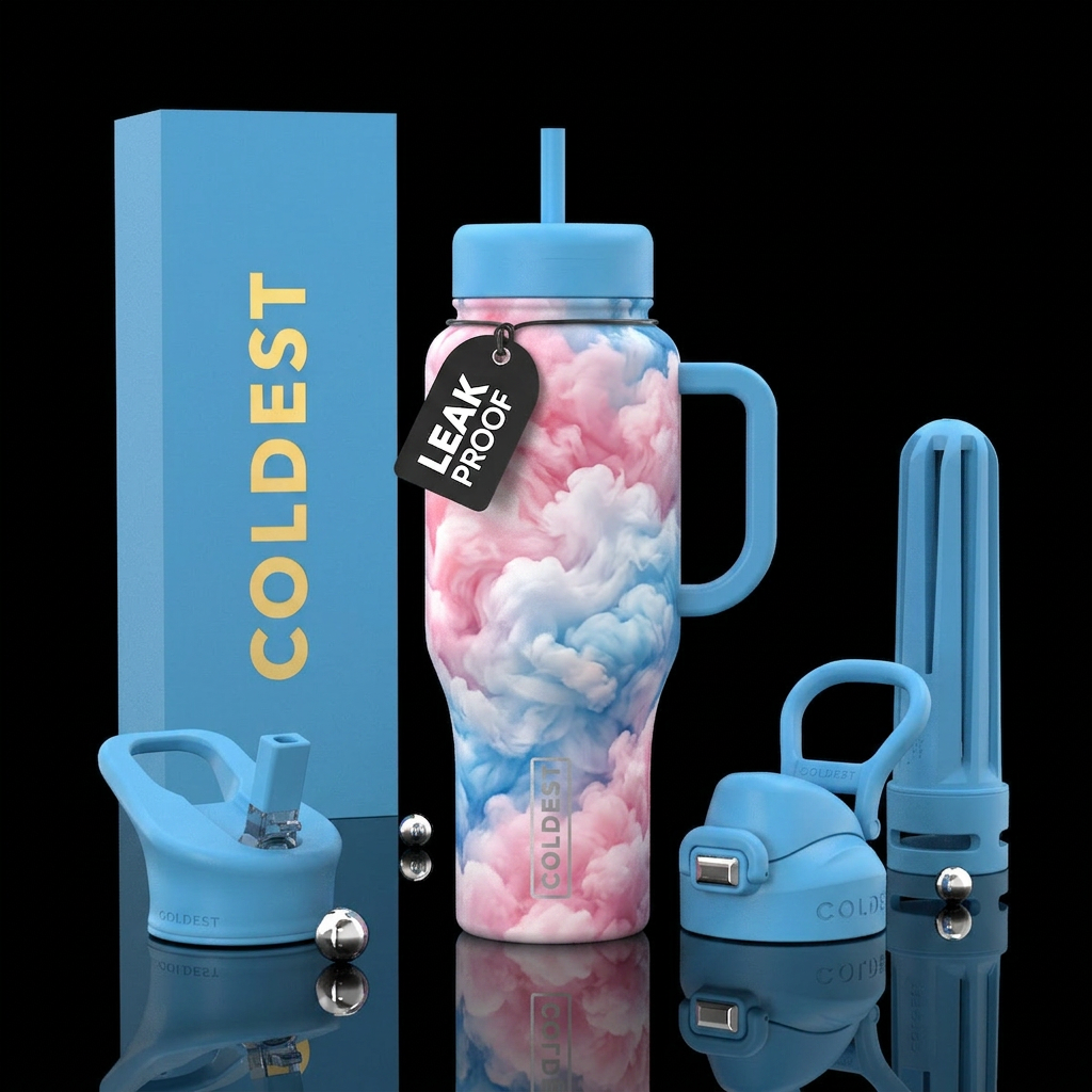 Pink white blue puffy clouds water bottle design