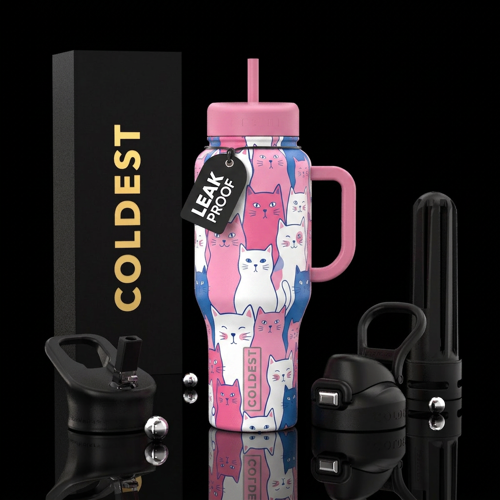 Pink white blue cats water bottle design