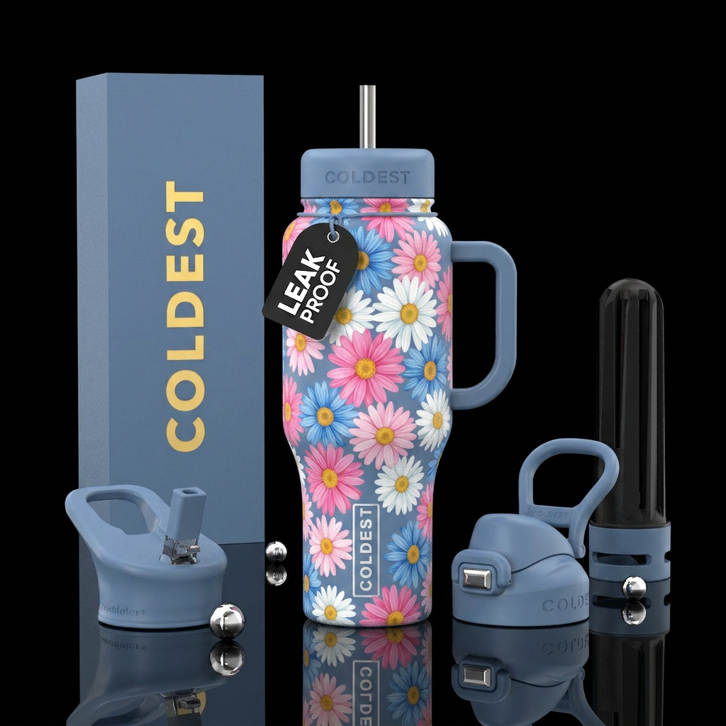 Pink white blue daisies water bottle design