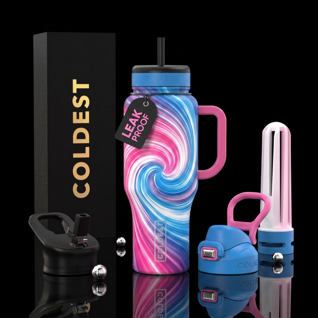 Pink white blue vortex water bottle design