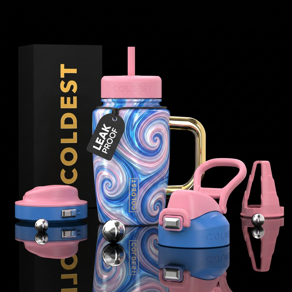 Blue white pink, magical, spirals water bottle design