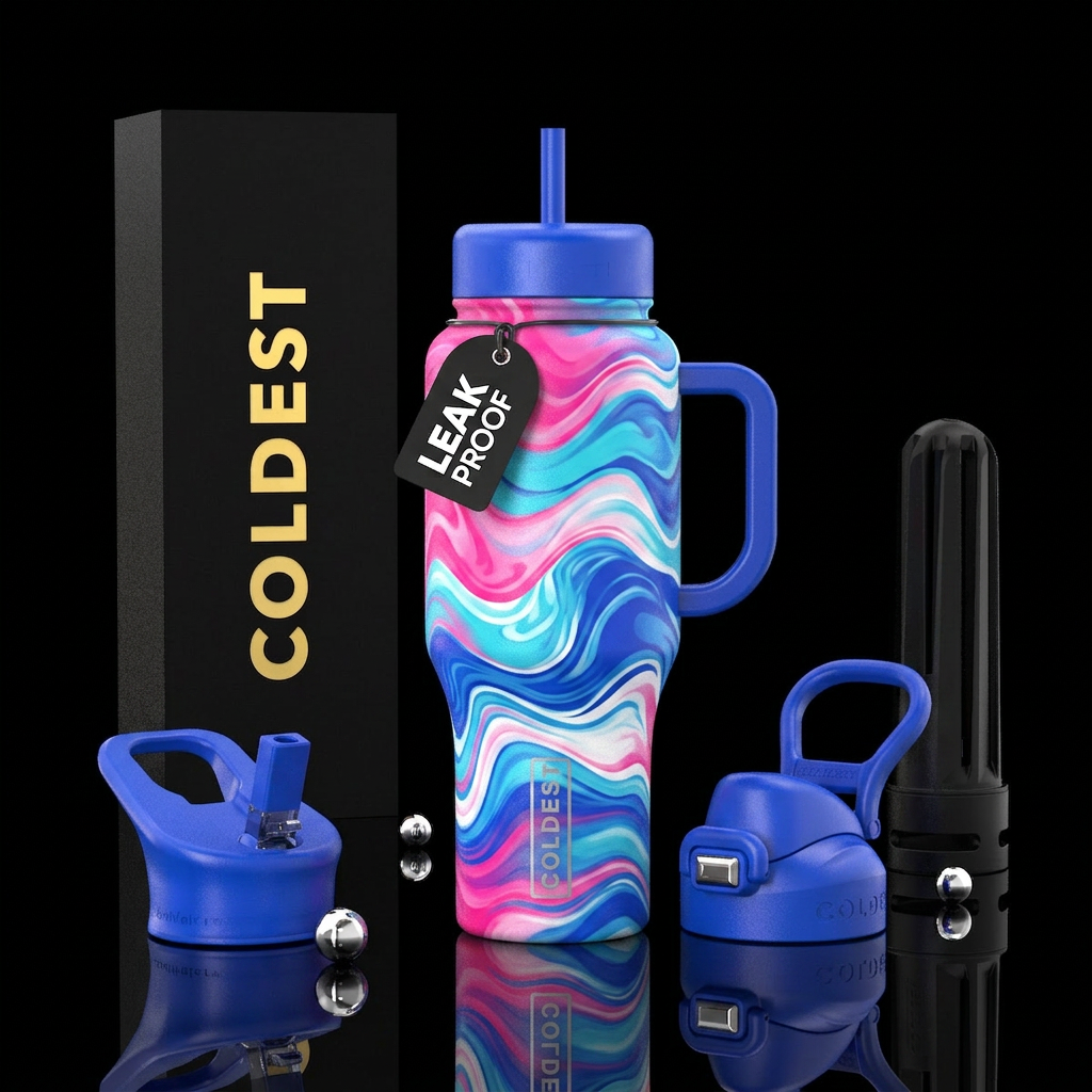 Pink white blue waves water bottle design