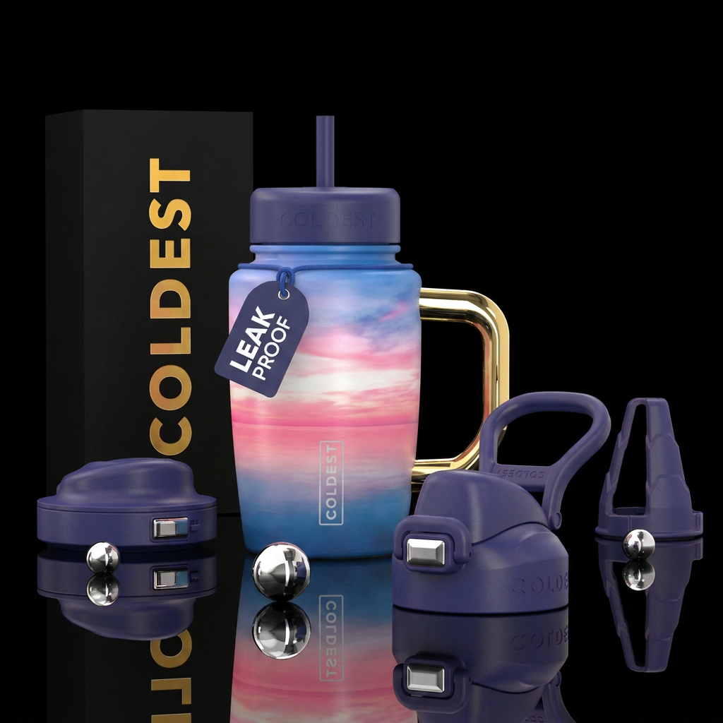Pink white blue sunset water bottle design