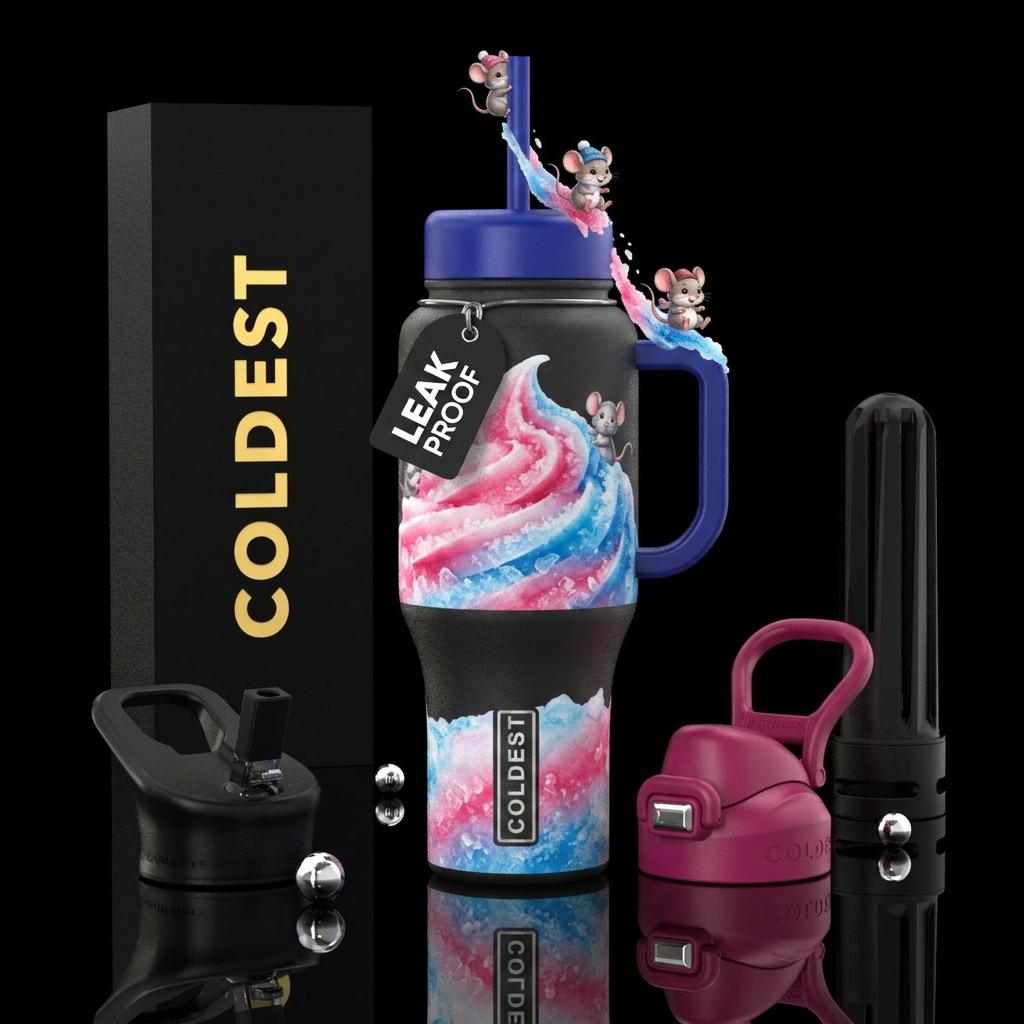 Pink white blue slushy with cartoon mice sliding d... water bottle design