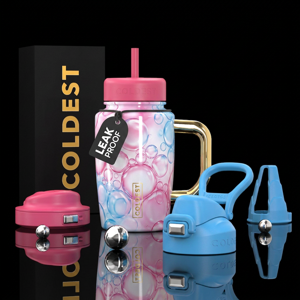 Pink white and blue bubbles water bottle design