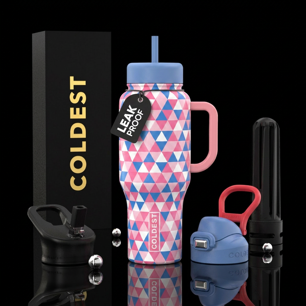 Pink white and blue triangles water bottle design