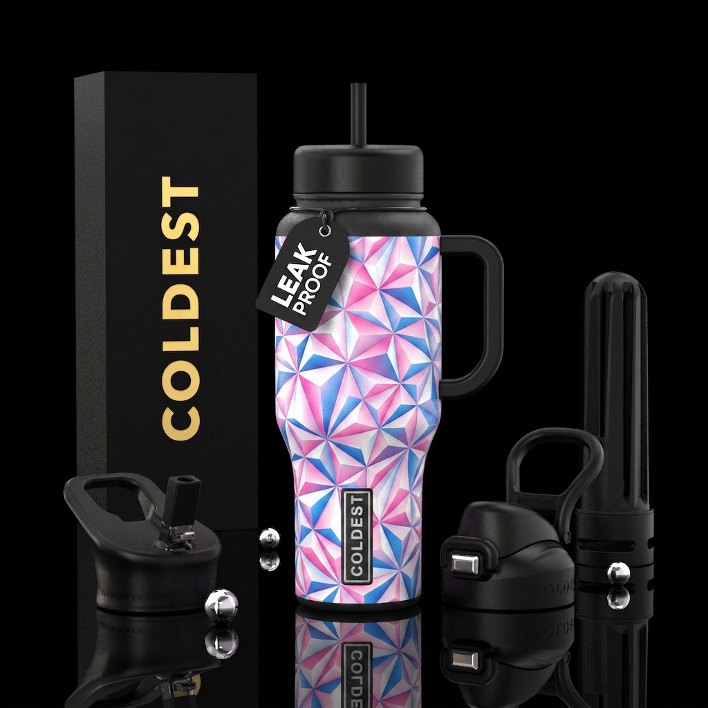 Pink white and blue triangles water bottle design