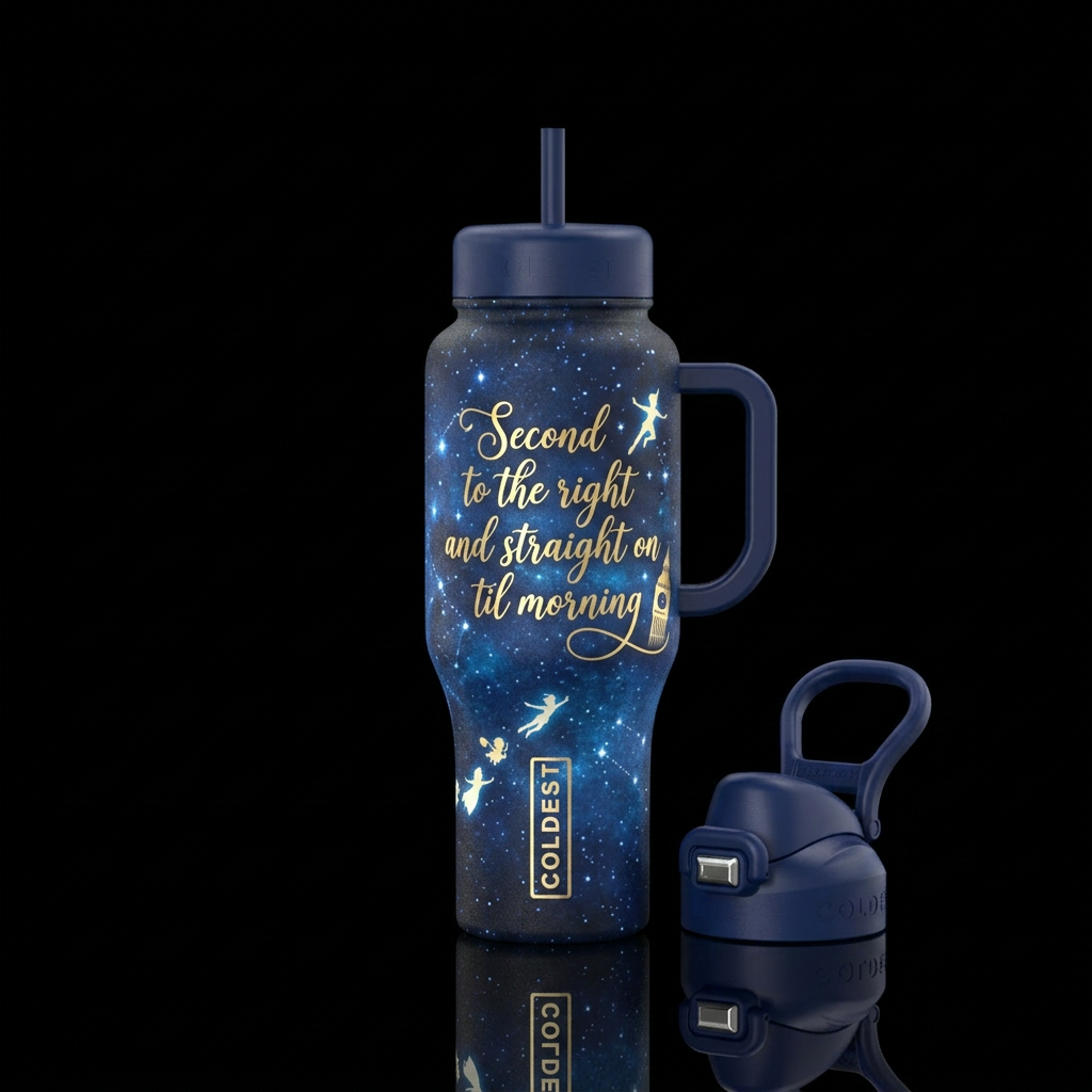 Second to the right and straight on til morning water bottle design