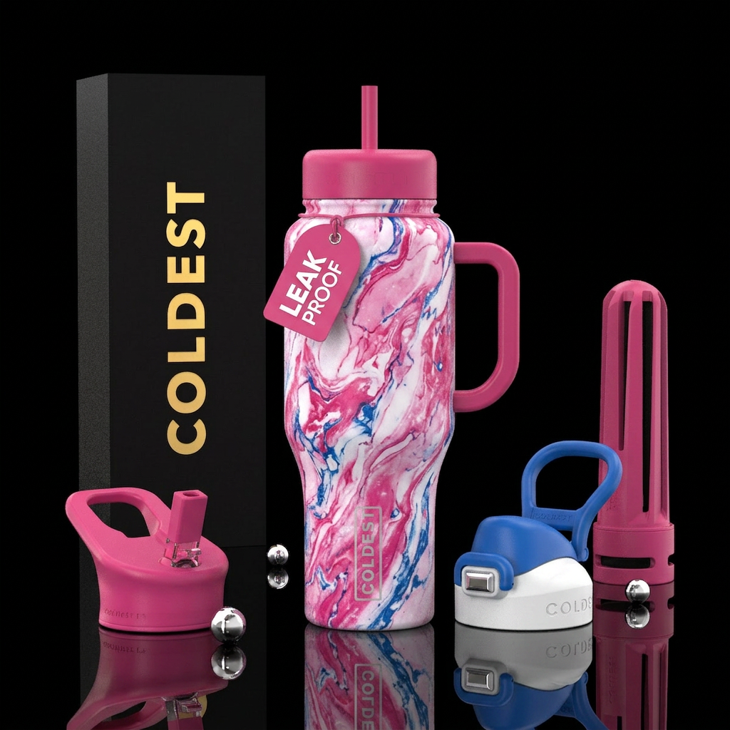 Pink white blue marble water bottle design