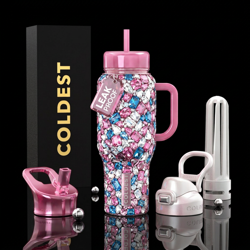 Pink white blue topaz water bottle design