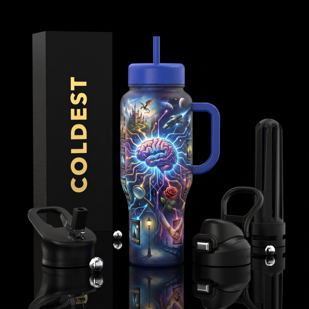 A brain thinking about the different genres of boo... water bottle design