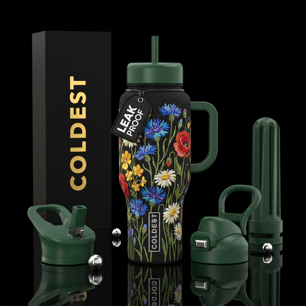 Embroidered wild flowers water bottle design