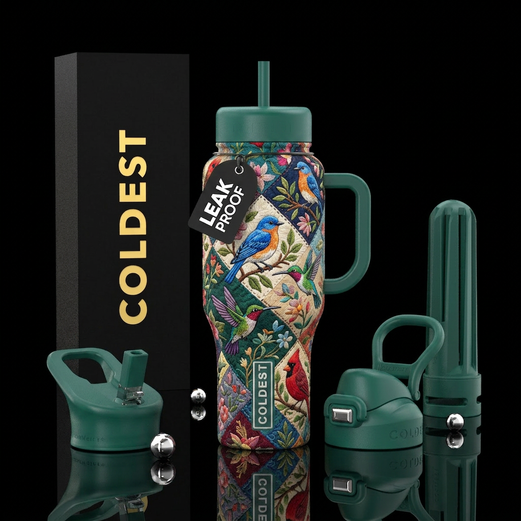 Embroidered  birds on a quilt pattern water bottle design