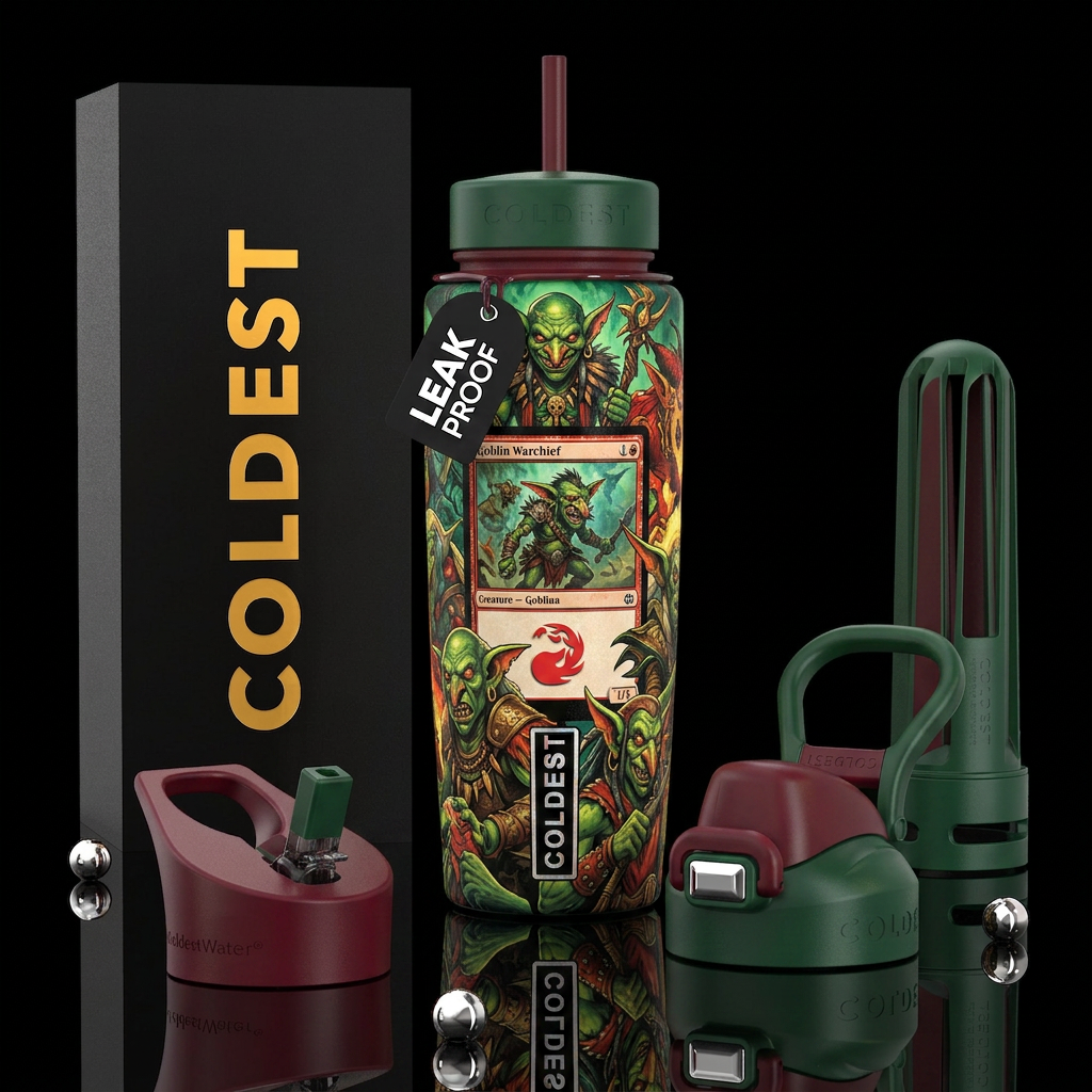 Goblin in the style of a magic the gathering card water bottle design