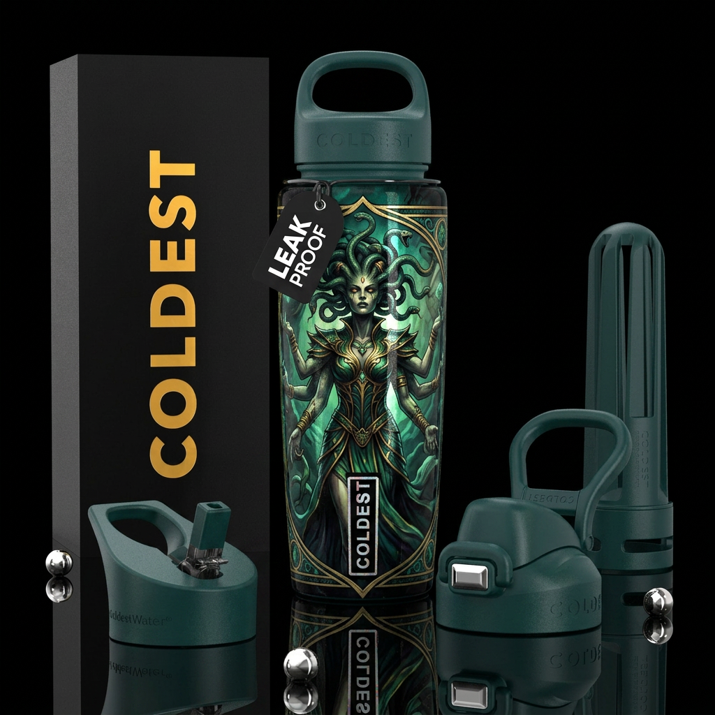 Gorgon in the style of a magic the gathering card water bottle design