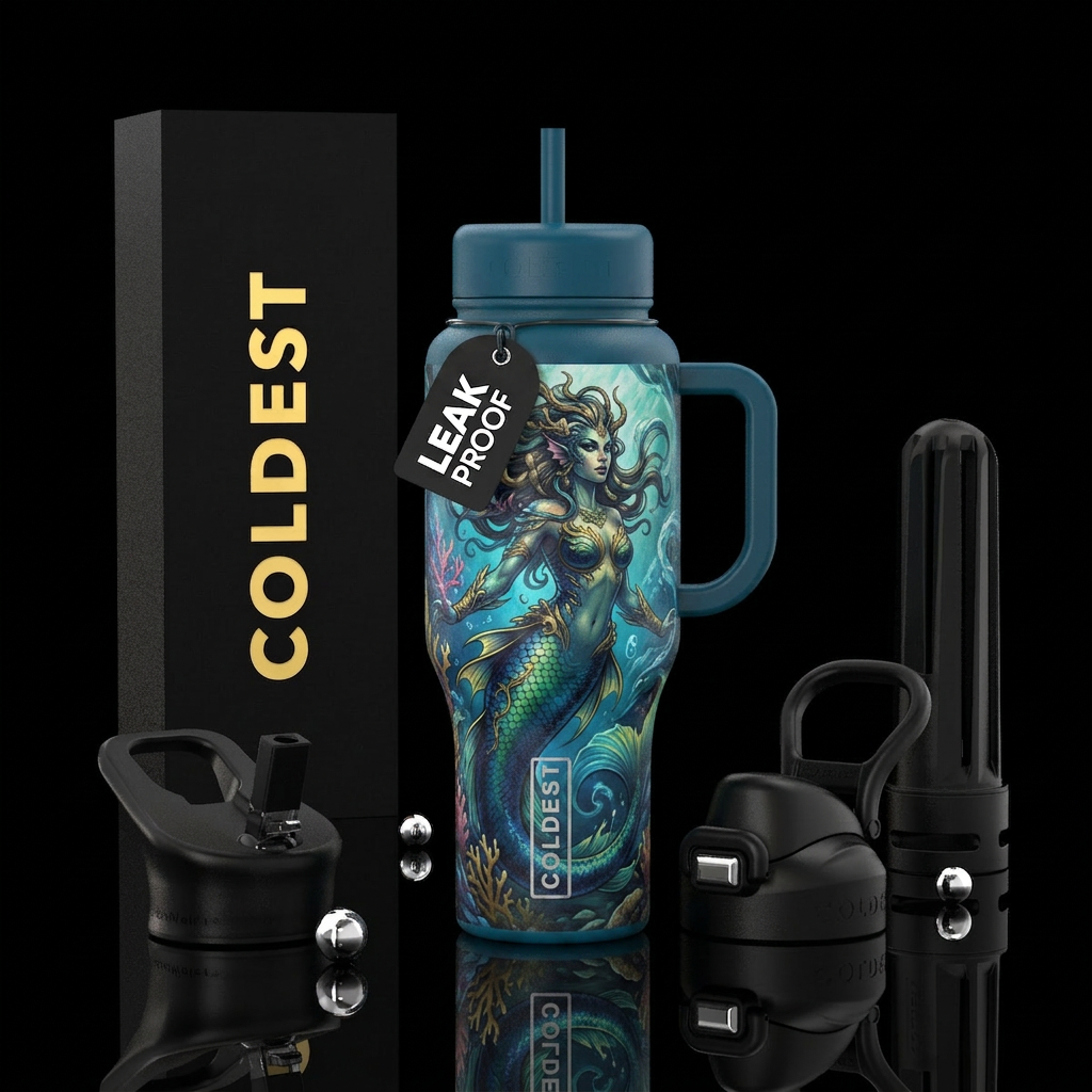 Mermaid  in the style of a magic the gathering car... water bottle design