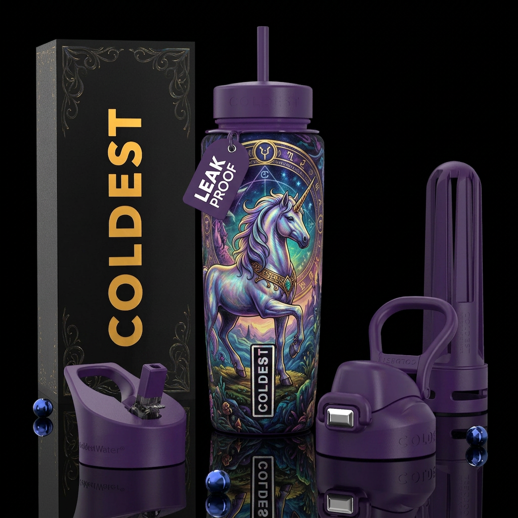 Unicorn  in the style of a magic the gathering car... water bottle design