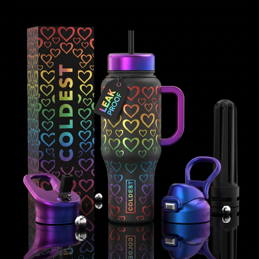 Metallic hombre rainbow hearts water bottle design