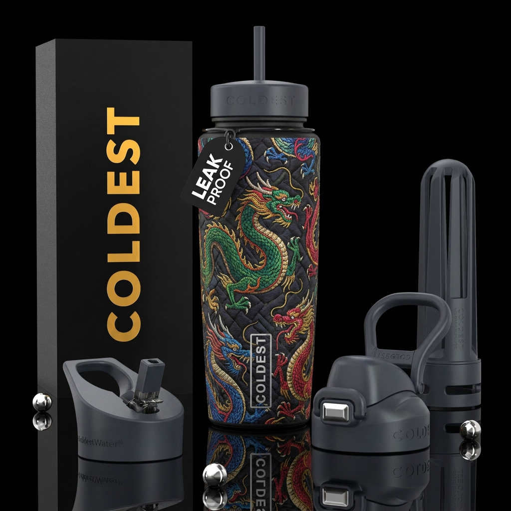 Embroidered dragons in a quilt pattern neutral ton... water bottle design