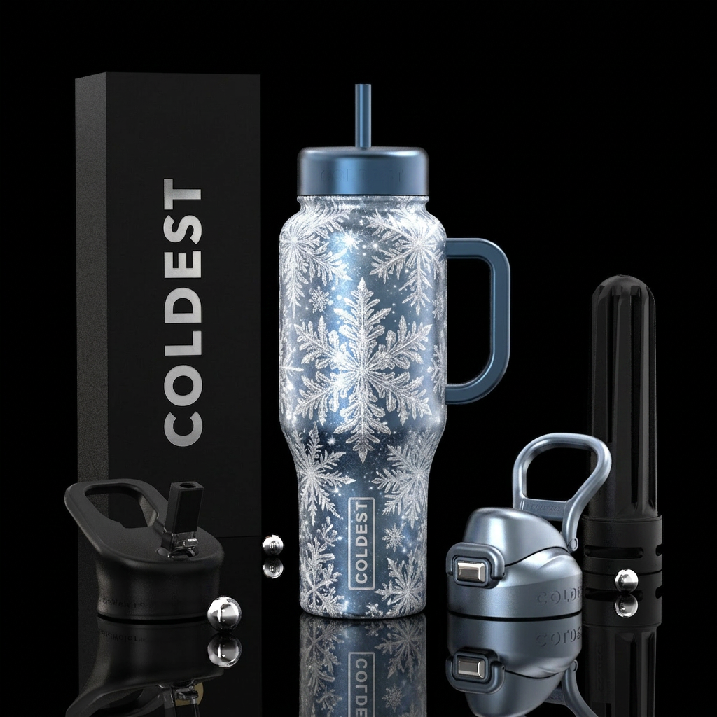 sparkly white snowflake fractals water bottle design