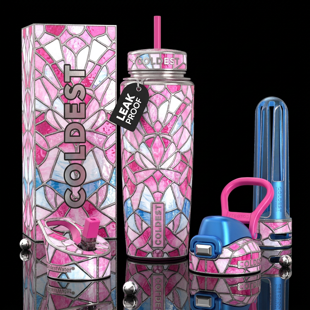 Pink white and blue metallic stained glass water bottle design